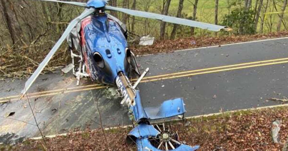 Crashed medevac helicopter resting on North Carolina roadway