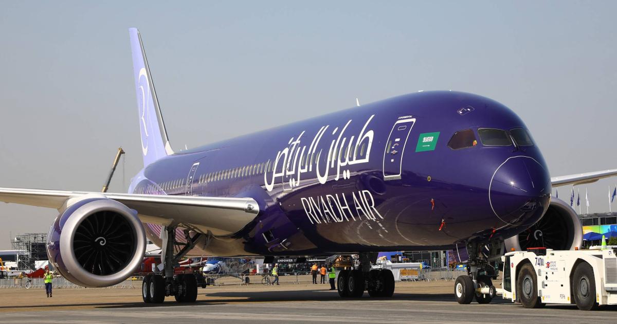 Riyadh Air lavender-indigo livery on Boeing 787