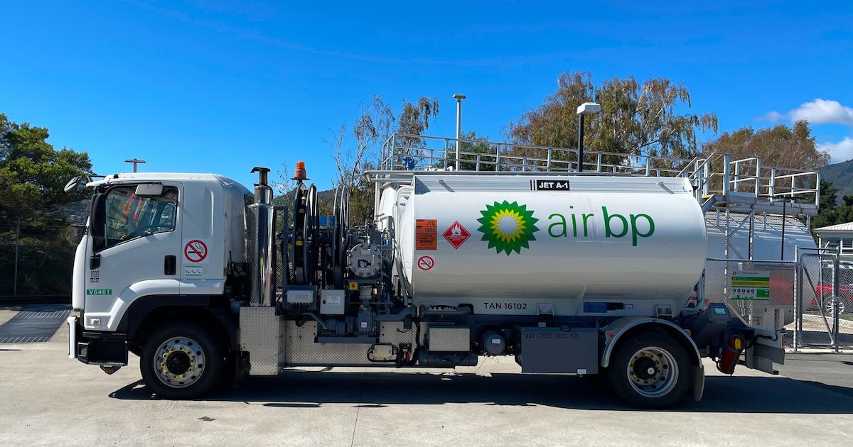 Air bp has fueling truck parked at Nelson Airport in New Zealand