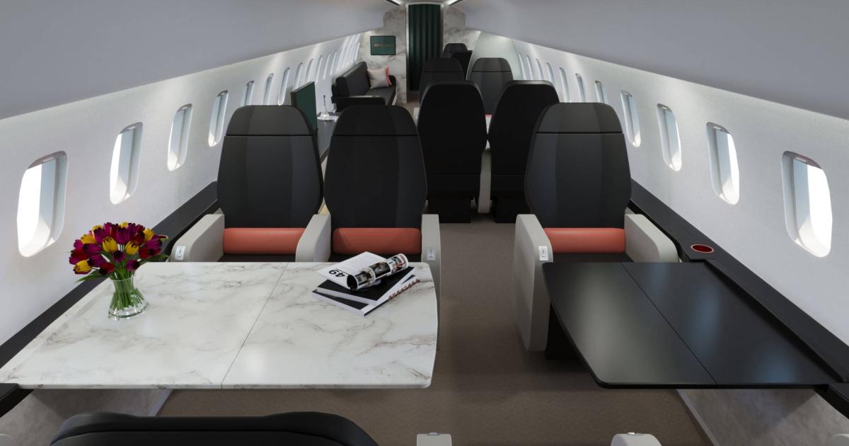 Cabin of business jet fitted with ATR Bespoke VIP HighLine collection 
