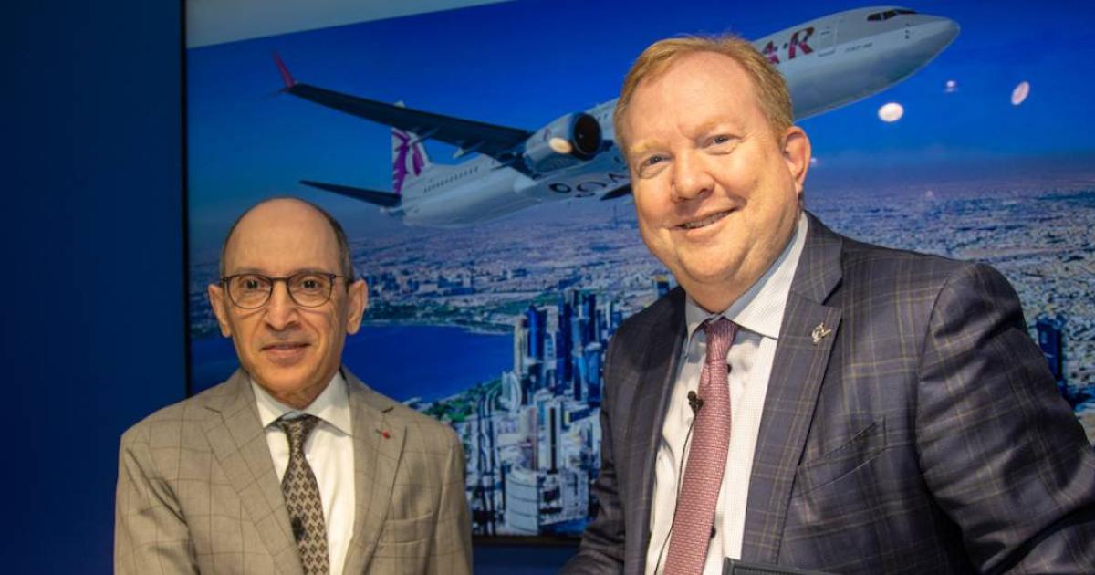 Boeing Commercial Airplanes CEO Stan Deal (right) and Qatar Airways CEO Akbar Al Baker appear at the 2022 Farnborough Airshow to mark the sale of 25 Boeing 737 Max 10s. (Photo: David McIntosh)