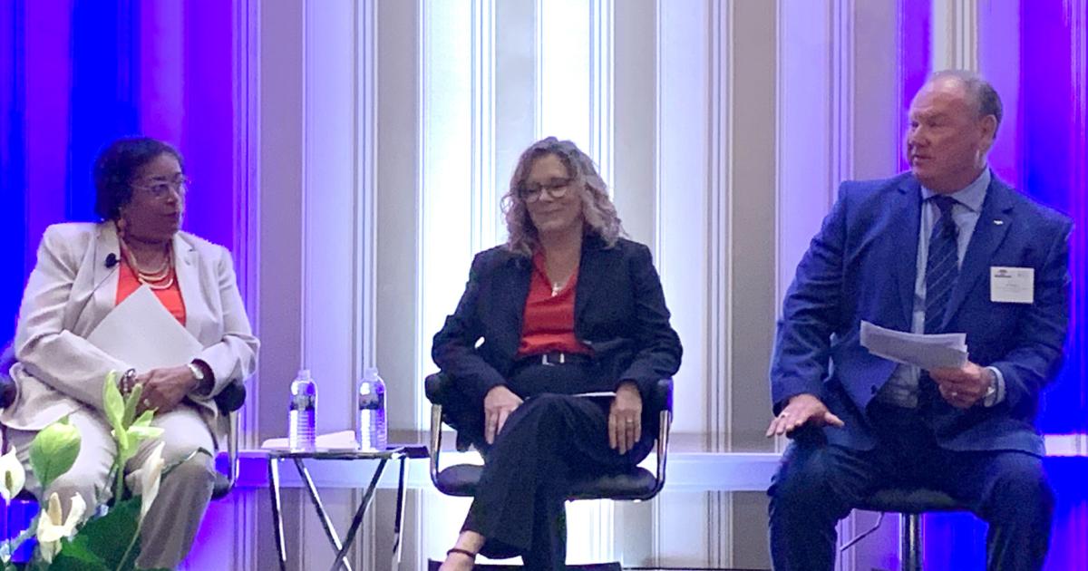 (From left) Shannetta Griffin, FAA associate administrator of airports; Jodi Baker, FAA deputy associate administrator for aviation safety; and Keith DeBerry, COO of NATA on stage during Air Charter Summit