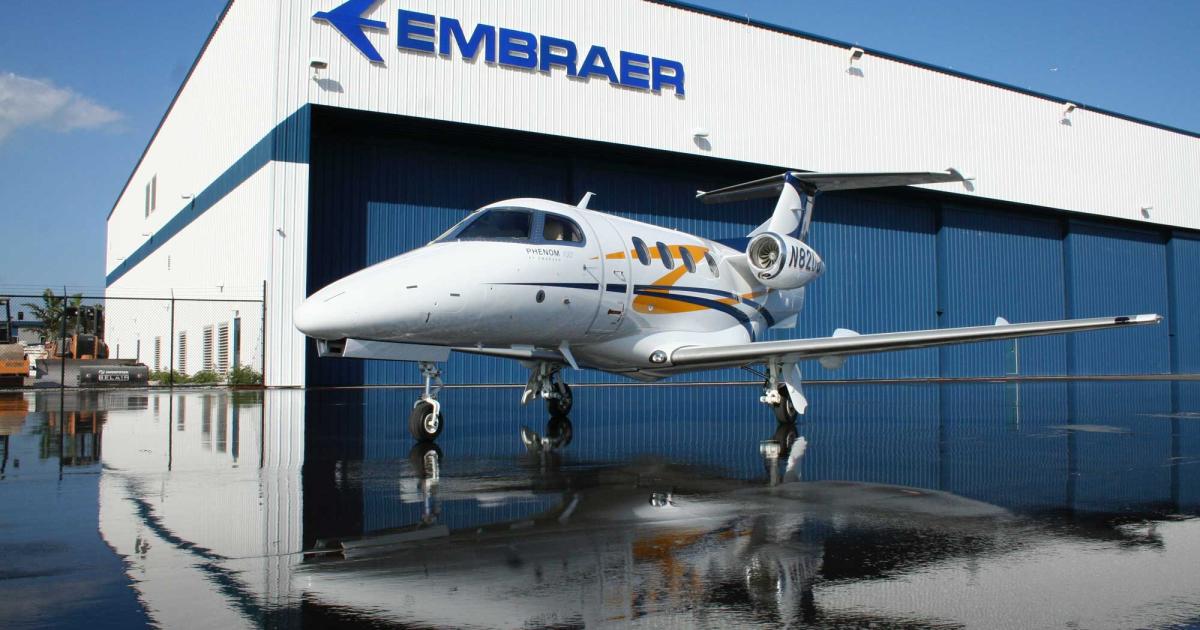 Embraer Phenom 100 on airport ramp outside of Embraer hangar