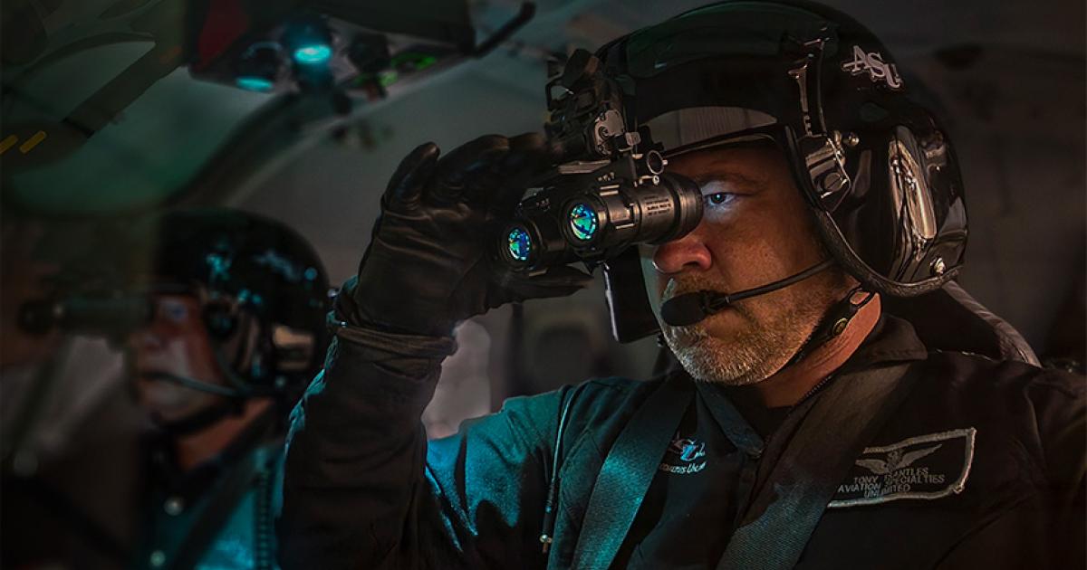 Pilots wearing night vision goggles in flight