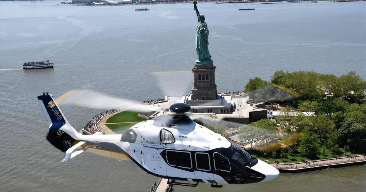 Airbus H160 in flight near Statue of Liberty