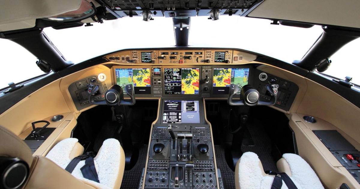 Synthetic vision on this Rockwell Collins head-up display on the Global Vision flight deck in a Global 6000 operated by Vienna-based charter provider  Amira, allows pilots to “see” through clouds while looking through the HUD.