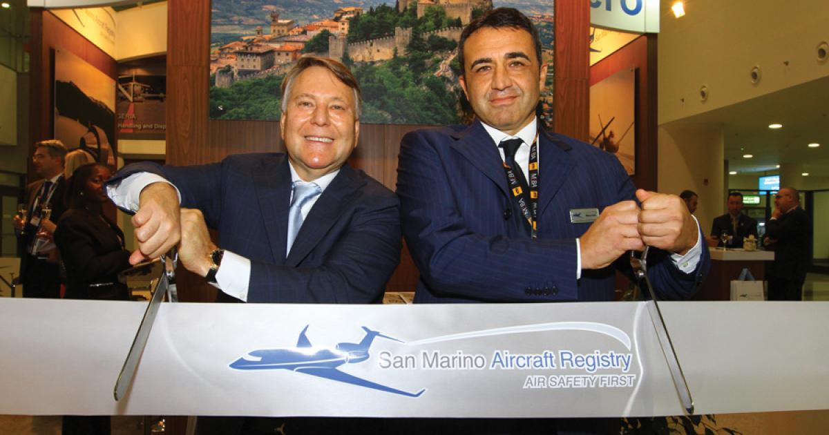 Jorge Colindres, CEO of the Aviation Registry Group (left), and San Marino civil aviation director Marco Conti are here at MEBA after having signed a 10-year exclusive agreement for ARG to administer the European state’s aircraft registry, which has been opened up to foreign owners.