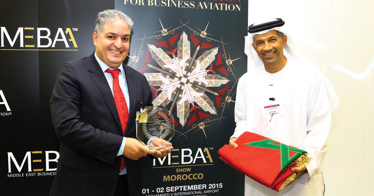 Khalid Hadachi, president and CEO of VIP Jet Flight support, left, and Ali Al Naqbi, founding chairman of MEBAA announced the MEBAA Morocco Show here yesterday.