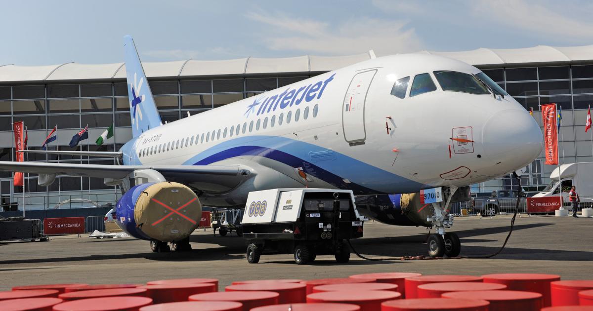 This Sukhoi Superjet 100 is here at the Farnborough Airshow,in Interjet livery. 
