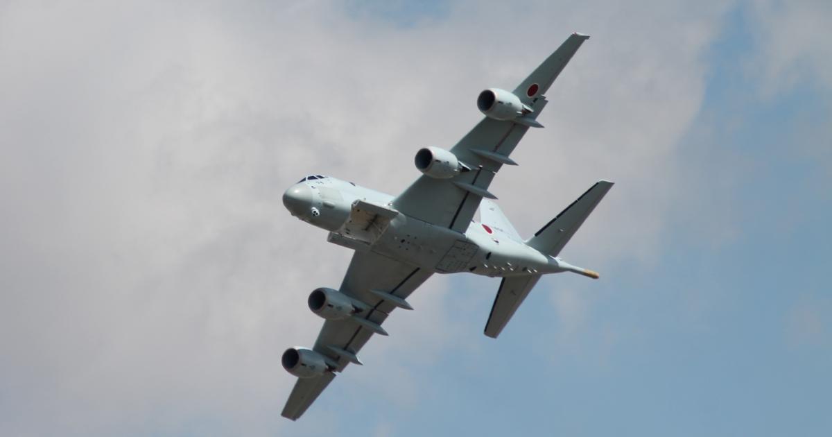 The JMSDF sent two Kawasaki P-1 maritime patrol aircraft to the RIAT show in the UK. This one was in the flying display, and included a slow flypast with the weapons bay doors opened. (photo: Chris Pocock)
