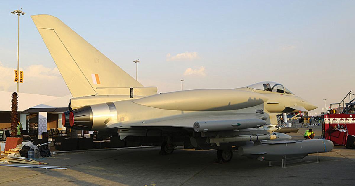 Eurofighter is showing conformal fuel tanks for the first time on the full-scale model here at the Dubai Airshow. The company described the addition of new weapons and avionics that will make the aircraft truly swing-role in the future. 