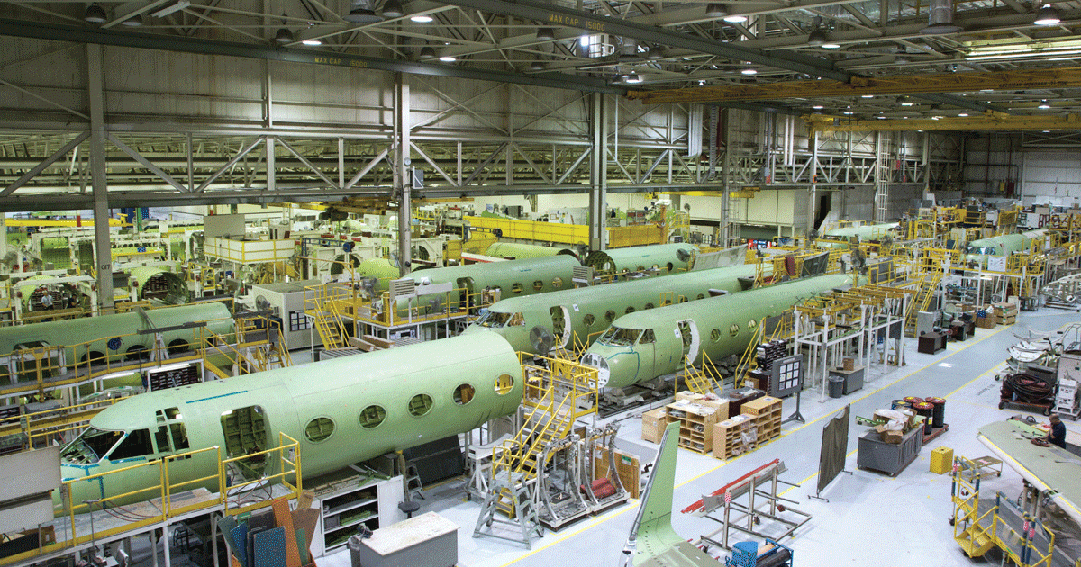 The Gulfstream G450/550 plant harks back to how aircraft were made in the 1950s and 1960s. When filled with workers, the facility is somewhat cramped, work areas are littered with paper forms and manuals and noise from rivet guns echo throughout–a complete contrast to the newer G650 production facility. 
