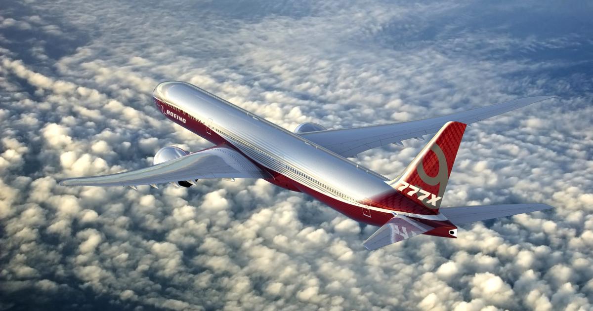Boeing has settled on the basic design of the 400-to-425-seat stretched variant of the new 777X series. (Image: Boeing)