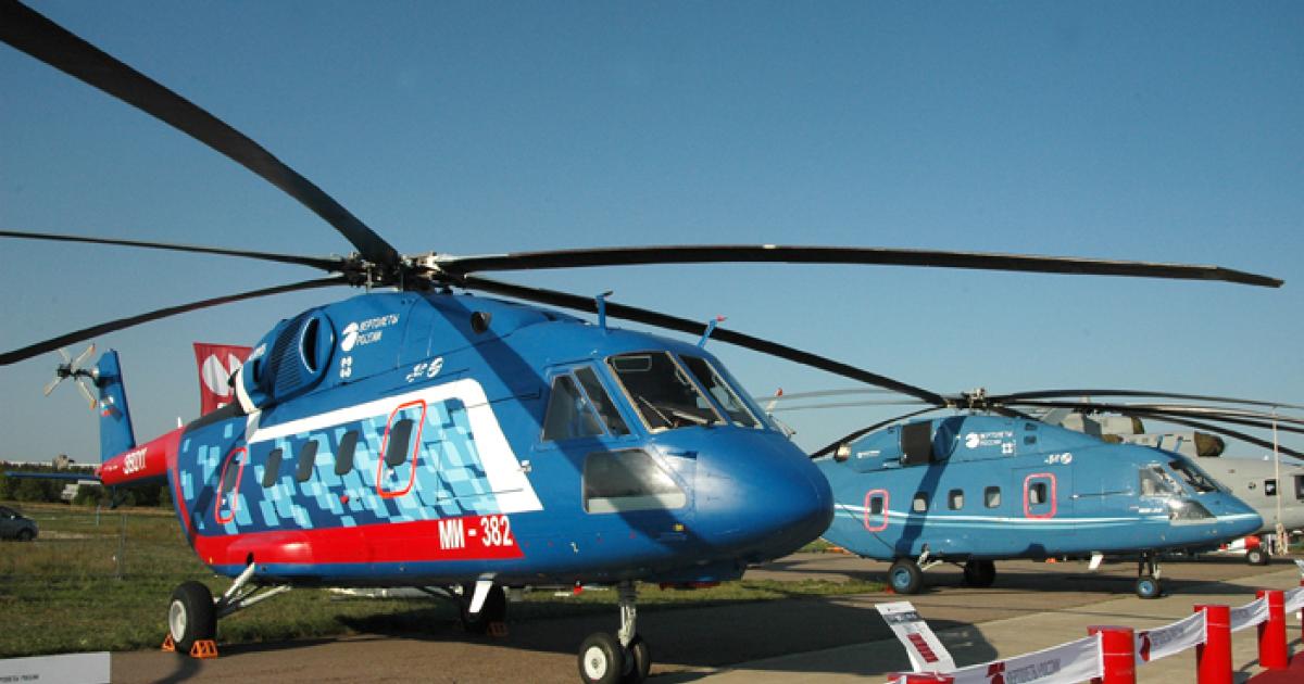 The Russian-powered version of the Mi-38 (left) made its debut at the Moscow Air Show, alongside the P&WC-powered version (right). (Photo: Vladimir Karnozov)