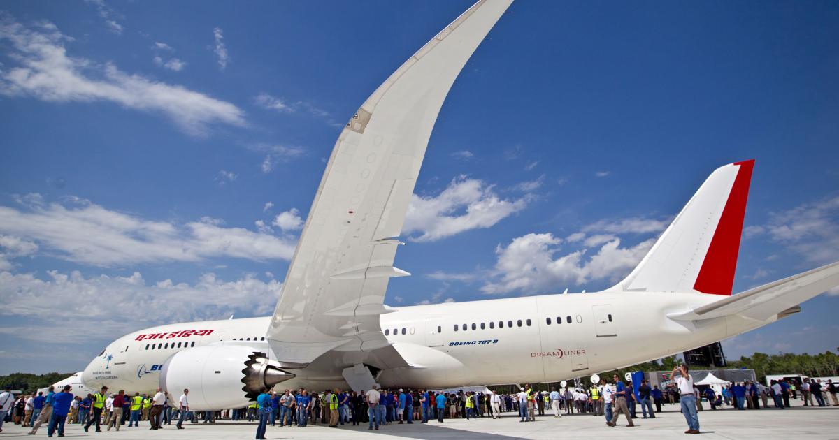 The first Air India Boeing 787 sits on display after rolling out of the manufacturer's Charleston, S.C., factory on April 27. (Photo: Boeing)