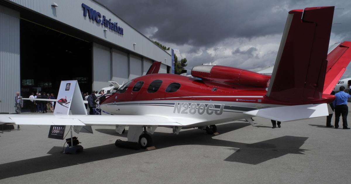 Cirrus Aircraft announced yesterday that it has secured funding to complete the composite single-engine Vision SF50 jet, with certification now scheduled for 2015. Price for the seven-place jet is $1.72 million until June 30, after which it climbs to $1.96 million. (Photo: Matt Thurber)