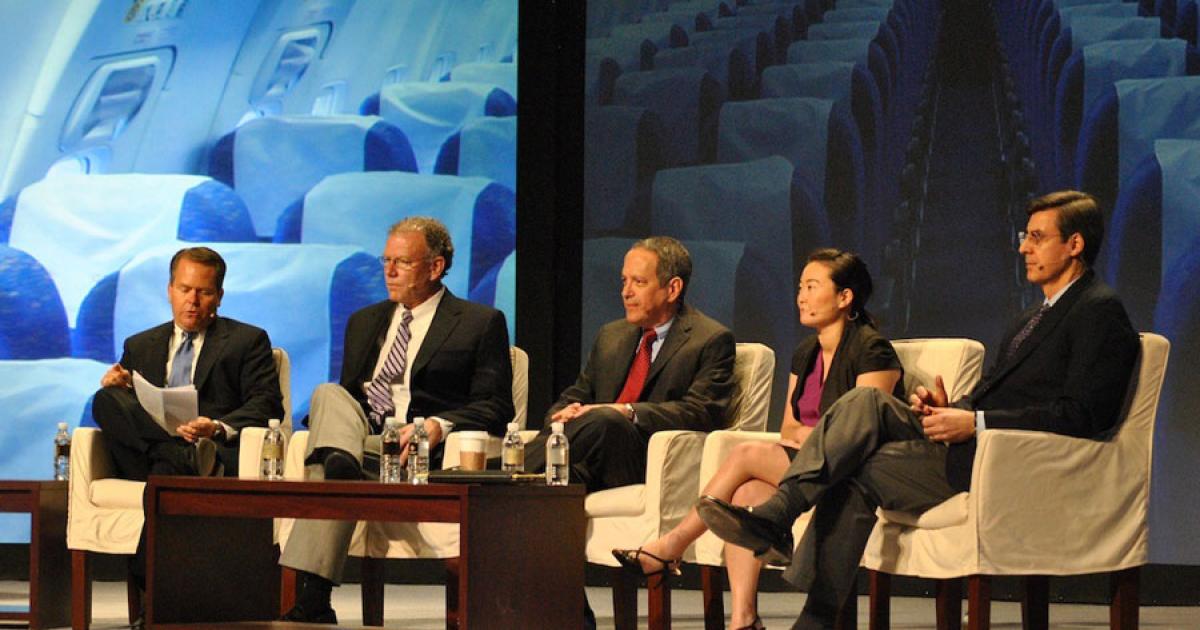 From l to r, Q Aviation Management CEO Greg May, US Airways vice president and treasurer Tom Weir, United Airlines senior v-p of finance and treasurer Gerry Laderman, WestJet vice president and treasurer Candice Li and Atlas Air vice president and treasurer Ed McGarvey commiserate on the state of the European bank debt market at last month’s ISTAT Americas Conference in Scottsdale, Arizona. (Photo: Gregory Polek)   