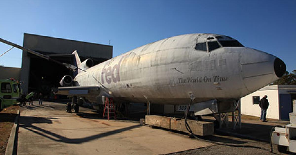In 2013, the FAA Technical Center tested fire suppression of 5000 lithium batteries on a former FedEx Express Boeing 727. (Photo: FAA)