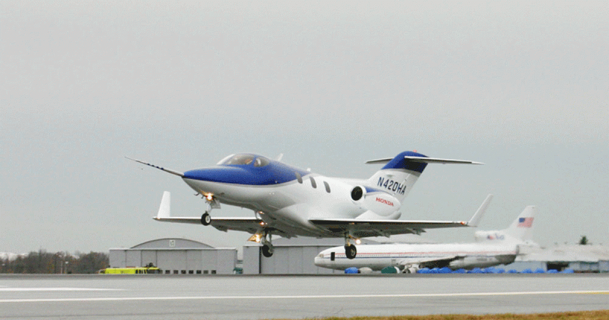 Honda Aircraft celebrated the 10-year anniversary of the HondaJet’s first flight on Tuesday. The Dec. 3, 2003 maiden flight, and follow-on flights, proved the HondaJet design met performance goals and led to the program getting the green light for commercialization from Honda in 2006. (Photo: Honda Aircraft)