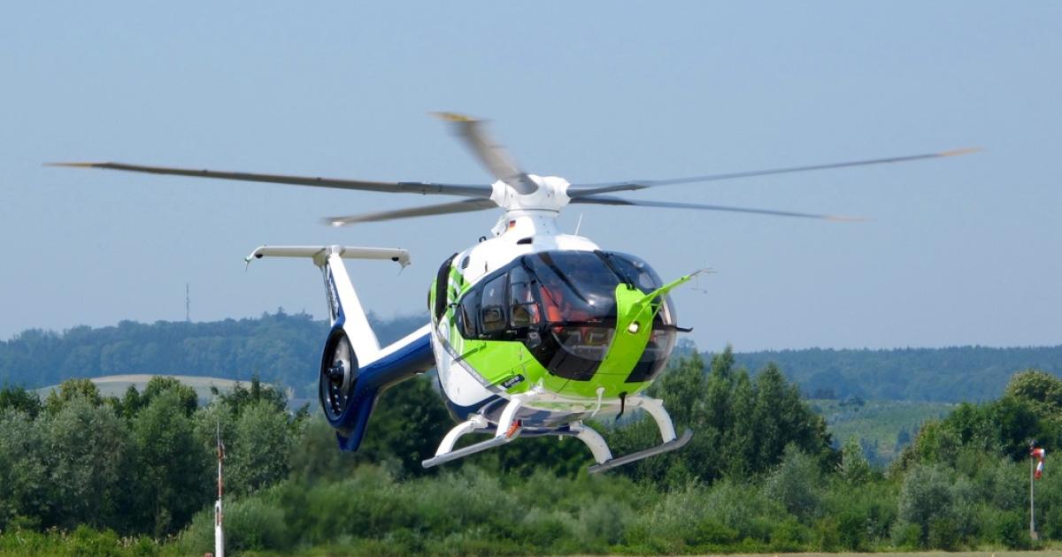 Airbus Helicopters unveiled its Bluecopter demonstrator on July 7 at the company’s facility in Donauwörth, Germany. The modified EC135 has been flying since April 2014 with a number of technologies targeting a smaller environmental footprint. (Photo: Thierry Dubois)