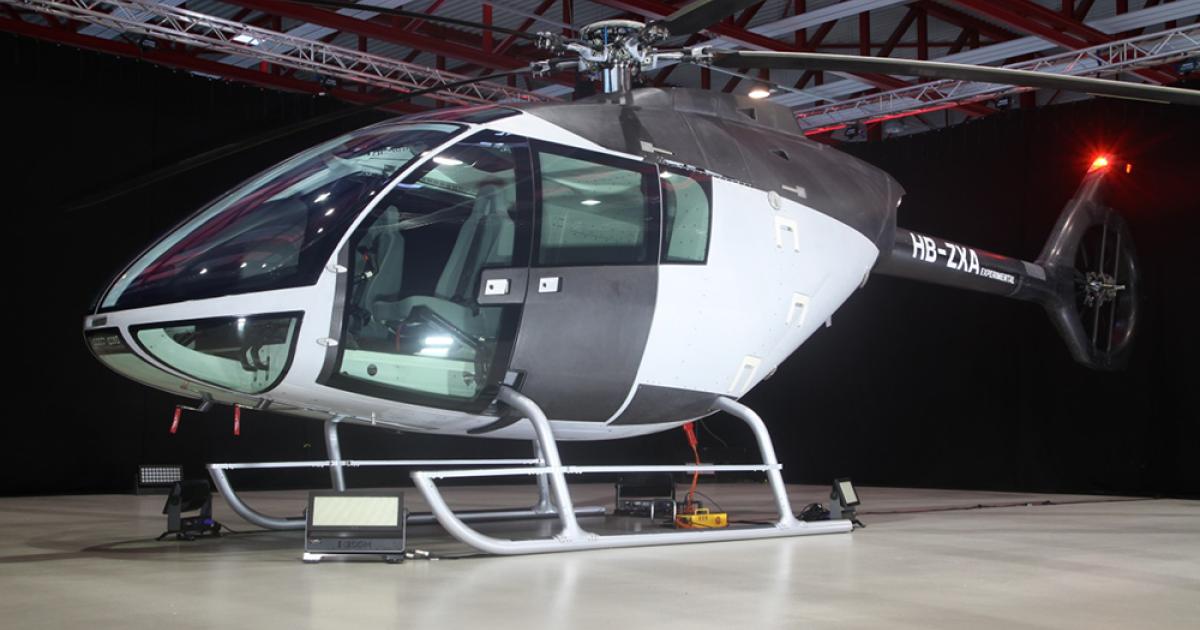 Marenco Swisshelicopter unveiled the first prototype of its SKYe SH09, an all-composite light single-turbine helicopter, on Thursday at Mollis Airport in Switzerland. The developer expects to fly the prototype early next year, with production following in 2015. (Photo: Marenco Swisshelicopter)