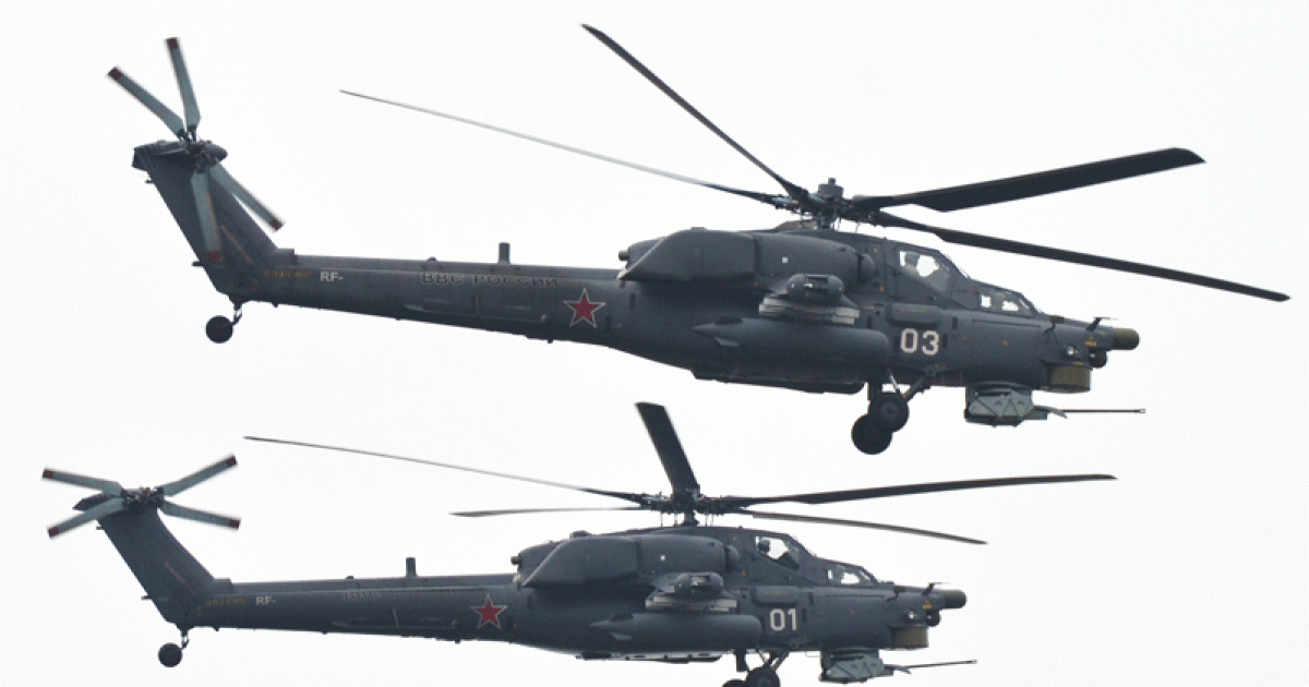 Two Russian air force Mi-28N helicopters flyby during the MAKS 2013 airshow. The type has only just been officially accepted into service. (Photo: Valdimir Karnozov)