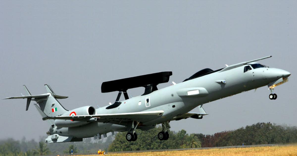 The Indian Air Force now operates two types of Embraer aircraft, this R-99 AEW&C platform based on the ERJ-145 airliner and five Legacy private jets. [Photo: Rakesh Mangaraj.]