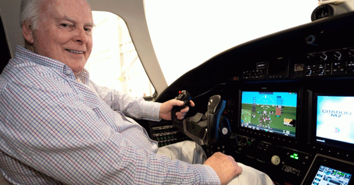 Best-selling author Stuart Woods in the cockpit of the Citation M2