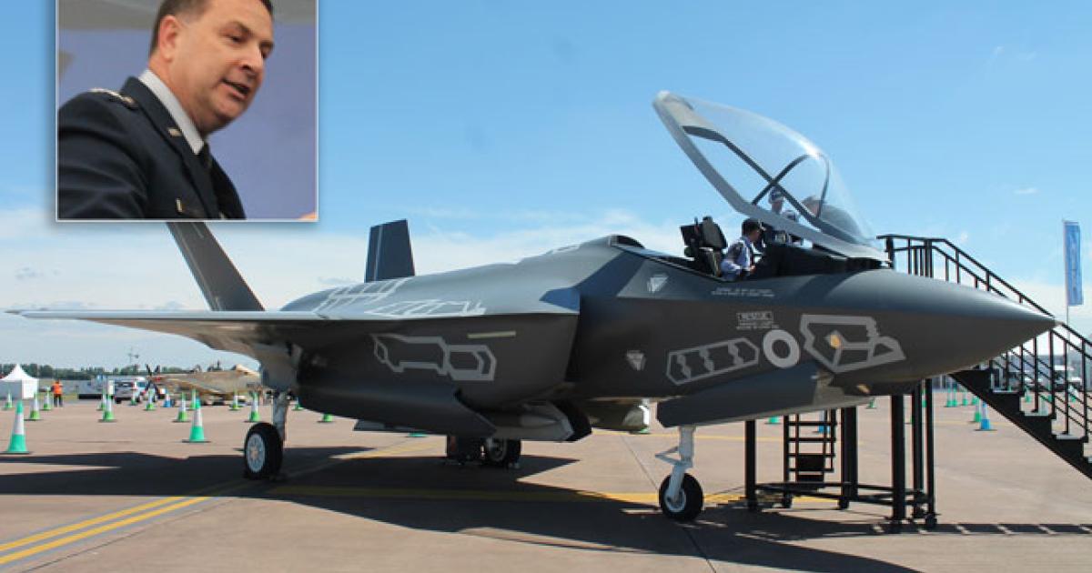 Once again, a full-scale F-35 model may be the closest to the real thing that airshow visitors get to see. Lt. Gen. Bogdan, inset, provided an update on the program at RIAT on July 10. (Photos: Chris Pocock) 