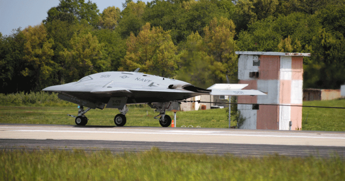 The X-47B unmanned combat air system demonstrator completes its first shore-based arrested landing at Patuxent River, Md., on May 4. (Photo: Northrop Grumman) 